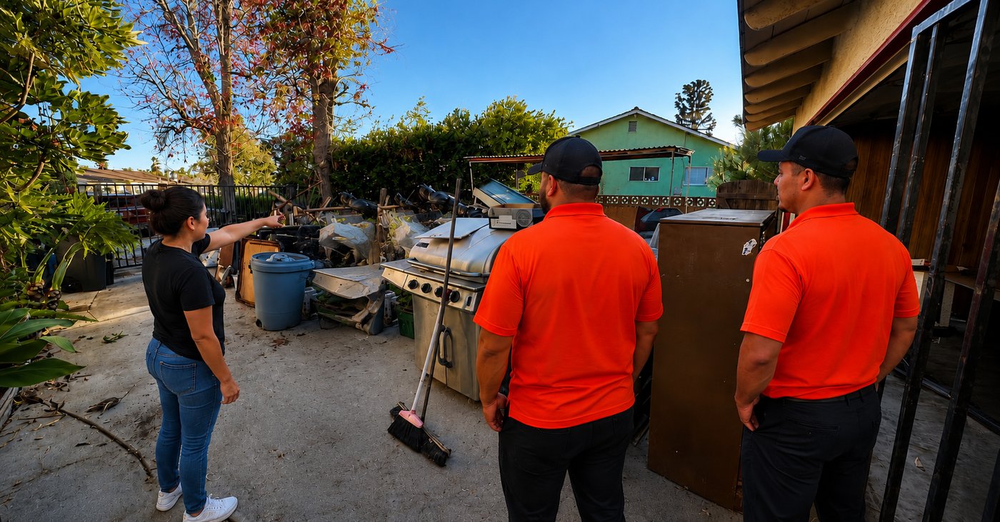 Customer showing Primo's crew the junk to remove